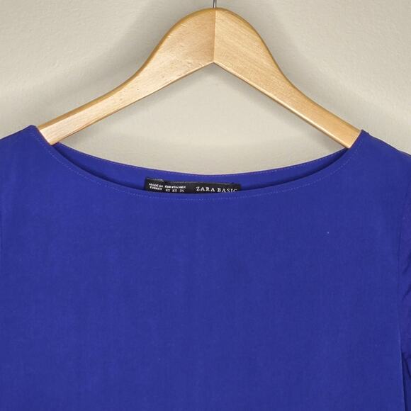 ZARA Indigo Blue 3/4 Sleeve Boatneck Back Button Closure Tunic Size XS - Picture 2 of 8